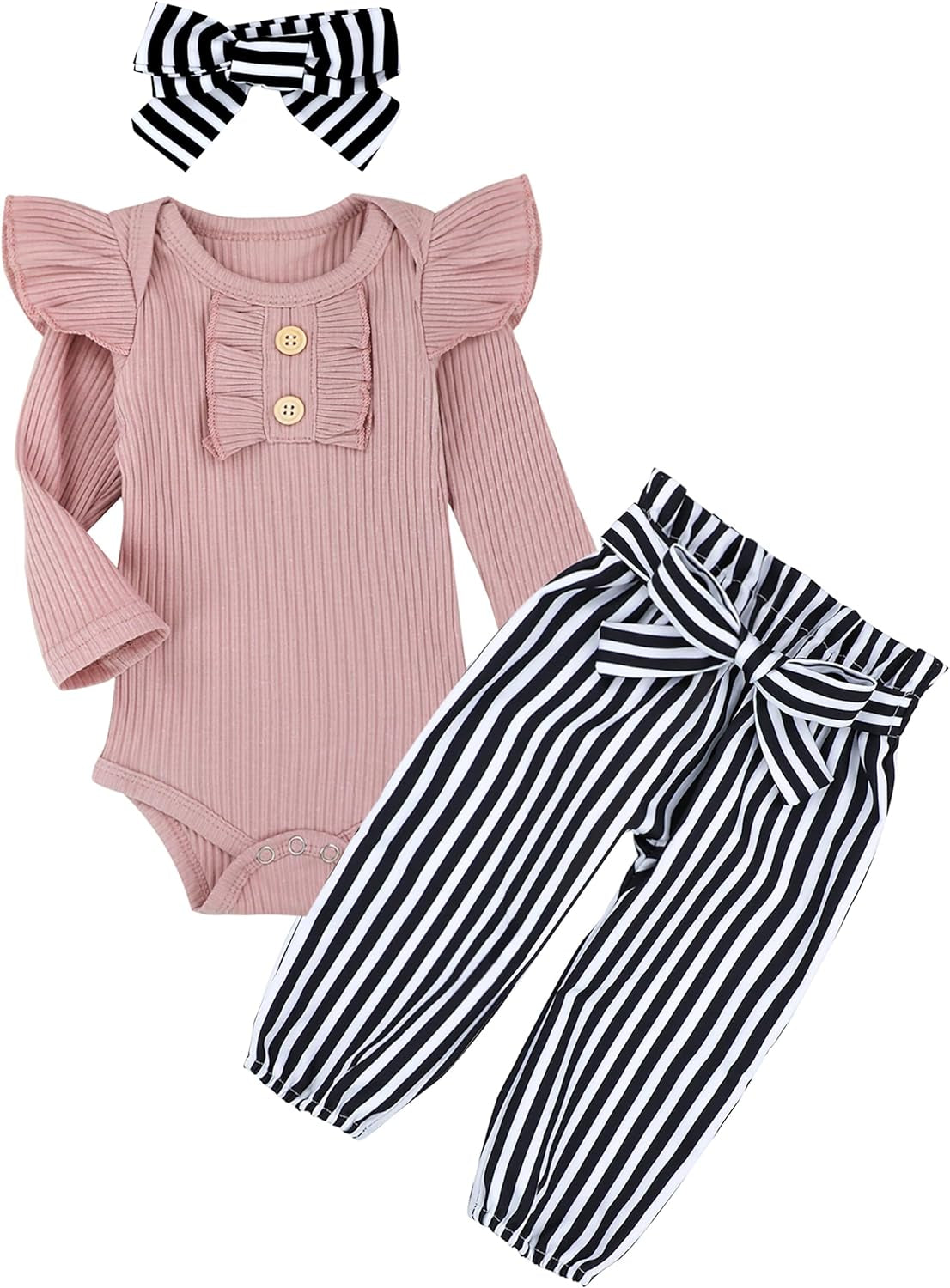KANGKANG Newborn Baby Girl Clothes Ribbed Ruffle Sleeve Romper + Floral Pants + Headband Cute Infant Baby Girl Outfit 3Pcs