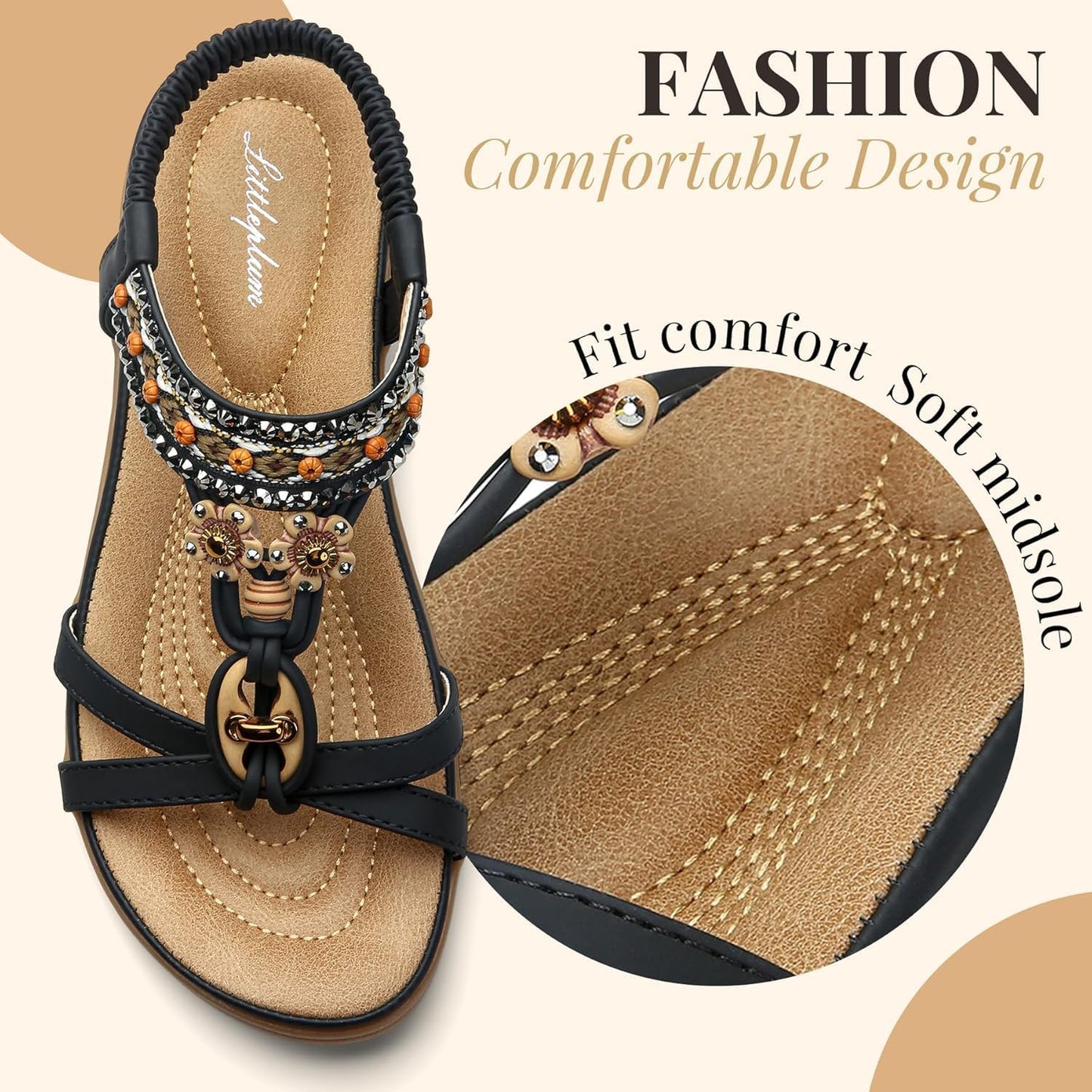 Littleplum Womens Sandals Arch Support Summer Beach Sandals Comfort Walking Shoes Bohemian Flip Flops Sandals for Women