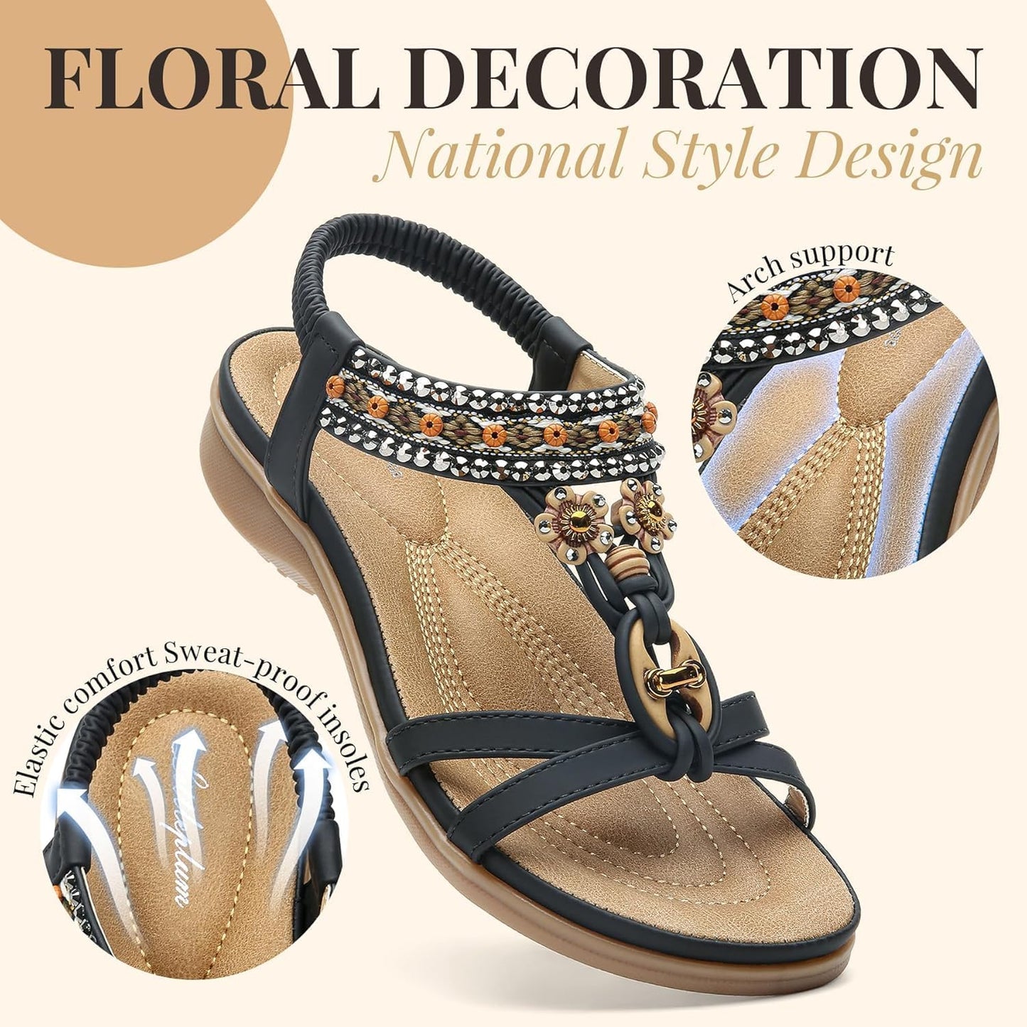 Littleplum Womens Sandals Arch Support Summer Beach Sandals Comfort Walking Shoes Bohemian Flip Flops Sandals for Women